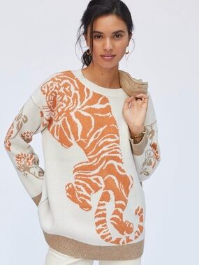 Pilcro Cream Sweater with Orange Tiger Motif